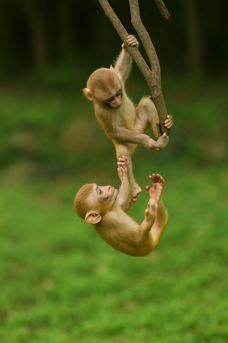 Singe primate animal faune jungle foret nature mammifere arbre grimper jouer amitie air vert herbe branche suspendu sauter mignon Deux jeunes singes interagissent en jouant en plein air. Le singe de gauche est suspendu à une branche d'arbre avec ses mains, tandis que le singe de droite saute vers lui, tous deux se regardant. Leur fourrure est brun clair, et ils semblent être dans un environnement luxuriant et vert, peut-être une forêt. L'arrière-plan est flou, indiquant une concentration sur l'interaction ludique des singes.