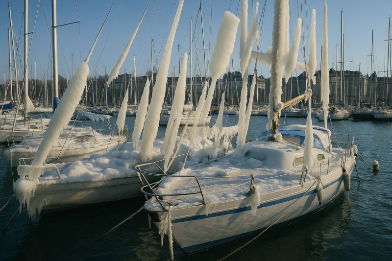 Bateau marina voile eau glace hiver froid gele port navire navigation mer ciel batiment ville architecture urbain journee Dans un port, plusieurs voiliers sont amarrés, chacun recouvert d'une épaisse couche de glace et de neige. Les mâts des bateaux sont ornés de glaçons, et les voiles sont gelées et rigides. Les bateaux sont attachés aux quais avec des cordes, et l'eau autour d'eux est calme. En arrière-plan, il y a des bâtiments avec de nombreuses fenêtres, suggérant une ville ou un village à proximité. Le ciel est clair et bleu, indiquant une journée froide mais ensoleillée.
