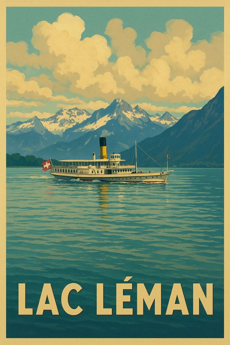 Bateau lac eau montagne ciel nuage drapeau voyage vintage nature reflexion suisse vapeur leman Affiche de style vintage d'un grand navire à vapeur classique naviguant sur un plan d'eau serein. Le navire a une haute cheminée noire et un drapeau rouge avec une croix blanche, représentant probablement la Suisse. L'eau est calme et reflète le ciel, qui est rempli de nuages blancs et moelleux. En arrière-plan, il y a des montagnes majestueuses aux sommets enneigés, créant une scène pittoresque et tranquille. L'affiche est intitulée 