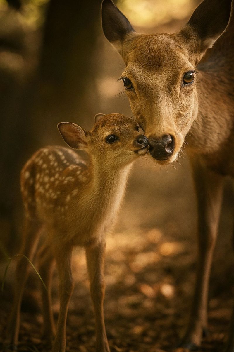 Cerf faon mere baiser faune nature foret animal mammifere parente amour lien mignon bebe sauvage habitat instinct protection Dans un cadre forestier, une cerf mère se tient droite avec une expression douce et chaleureuse sur son visage. Elle a un pelage brun lisse avec une raie plus foncée le long de son dos. Ses grands yeux expressifs sont fixés sur son petit, qui est un cerf plus petit avec un pelage plus clair et tacheté. Le jeune cerf est debout sur ses pattes arrière, tendant vers le haut pour se frotter contre le visage de sa mère. Le sol autour d'eux est couvert de feuilles tombées et de petites branches, et la lumière filtrant à travers les arbres crée une douce lueur naturelle.
