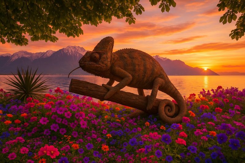 Chameleon fleurs montagnes coucher soleil vie sauvage nature jardin reptile air flore faune animal arrangement floral design Une statue de caméléon repose sur un tronc au milieu d'un jardin vibrant de fleurs colorées. Le caméléon a une longue queue enroulée et un long museau pointu. Le jardin est rempli d'une variété de fleurs dans des teintes de rouge, violet, orange et bleu. Derrière le jardin, il y a un lac serein avec un coucher de soleil au loin, projetant des teintes chaudes dans le ciel. En arrière-plan, des montagnes majestueuses sont en silhouette contre le soleil couchant.