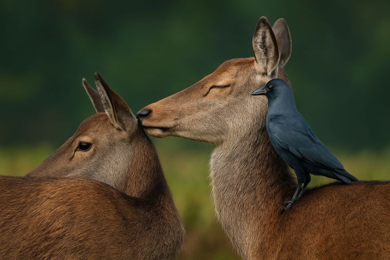 Cerf oiseau faune nature animal amitie compagnie air foret prairie herbe soleil ombre gros lien interespeces confiance mutuelle harmonie Deux cerfs se tiennent près l'un de l'autre dans un cadre naturel. Un cerf a un oiseau noir perché sur son dos, tandis que l'autre cerf caresse doucement l'oiseau. Les cerfs ont un pelage brun clair, et l'oiseau est d'un noir brillant avec un long bec pointu. L'arrière-plan est un vert doux et flou, suggérant une zone herbeuse ou forestière. La scène évoque un sentiment de coexistence pacifique entre les animaux.