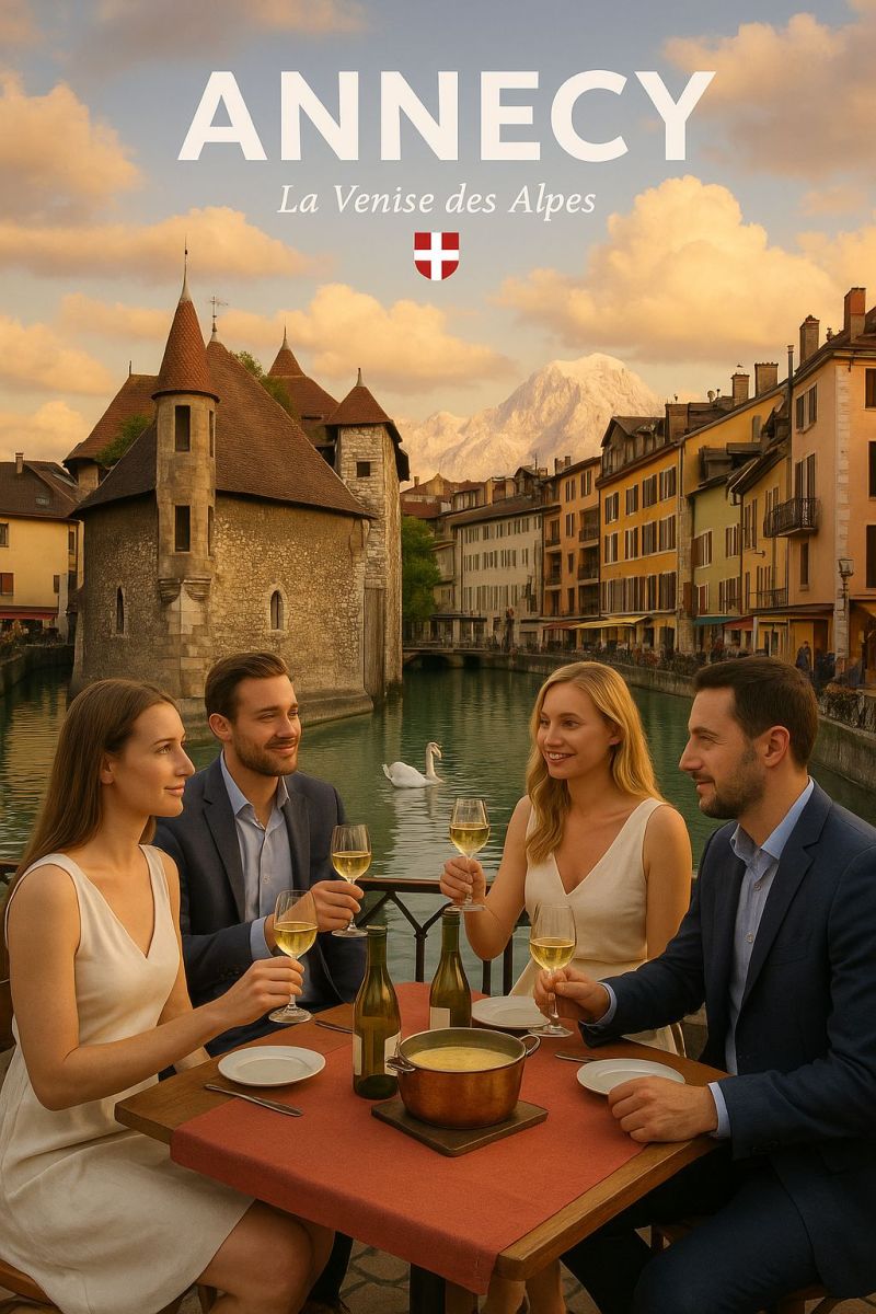 Annecy venise alpes suisse drapeau montagnes village ville architecture culture tourisme voyage campagne air aventure vacances escapade experience Au premier plan, quatre personnes sont assises autour d'une table sur un balcon donnant sur un lac serein. La table est garnie d'assiettes, de verres à vin et d'une marmite de soupe. La femme à gauche porte une robe blanche, tandis que l'homme à côté d'elle porte un costume bleu. La femme au milieu a de longs cheveux blonds et porte un débardeur blanc. L'homme à droite porte un costume sombre. Derrière eux, un cygne flotte sur le lac, et au loin, il y a un château avec une tour et un drapeau suisse. Le ciel est partiellement nuageux, et des montagnes sont visibles en arrière-plan.