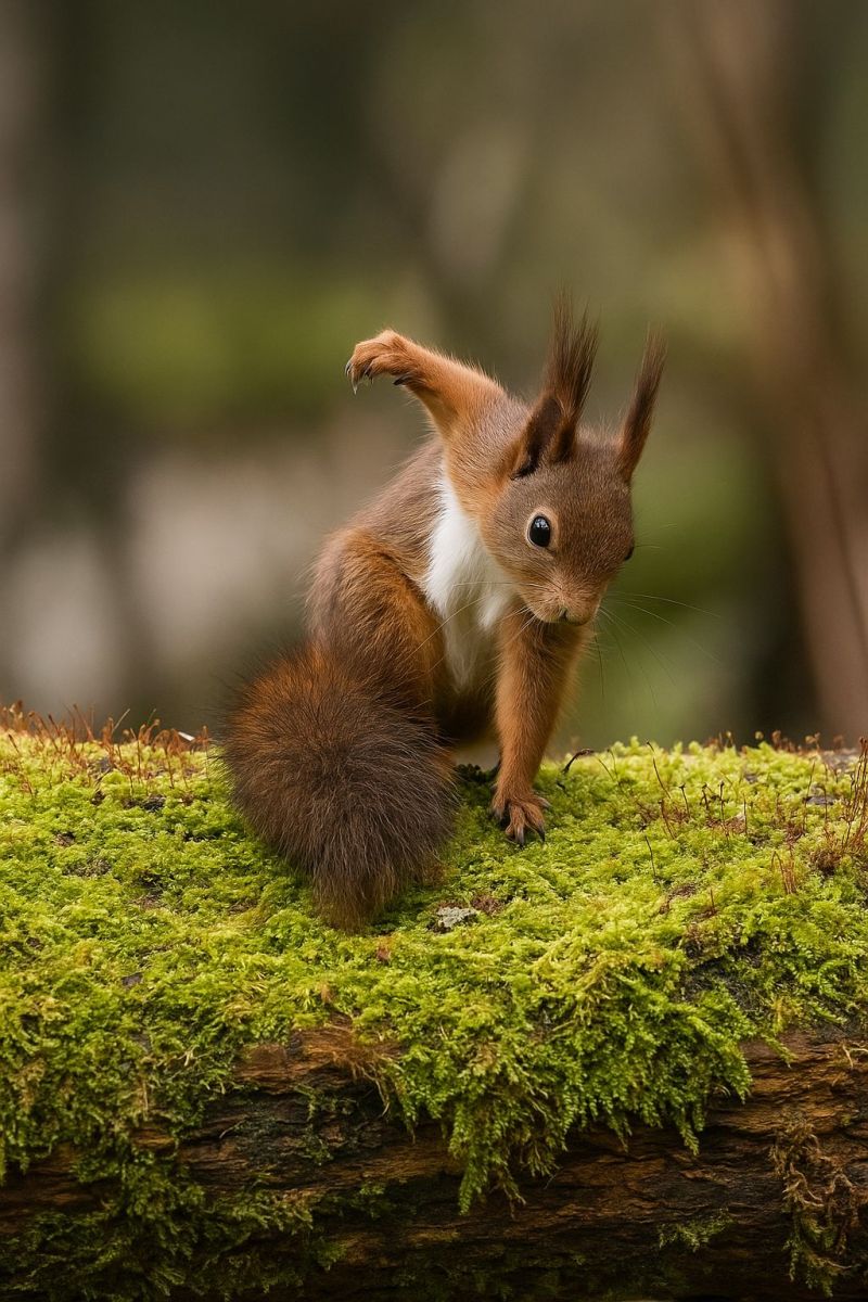 Ecureuil faune nature animal foret mousse arbre air mammifere rongeur queue fourrure buisson branche habitat escalade joueur mignon vert Un écureuil roux est perché sur un tronc couvert de mousse dans une forêt. L'écureuil a une queue touffue et une tache blanche sur la poitrine. Sa tête est tournée sur le côté, et il semble regarder quelque chose. Le pelage de l'écureuil est d'un rouge vif, et ses yeux sont noirs. L'arrière-plan est flou, avec des arbres et de la verdure visibles.