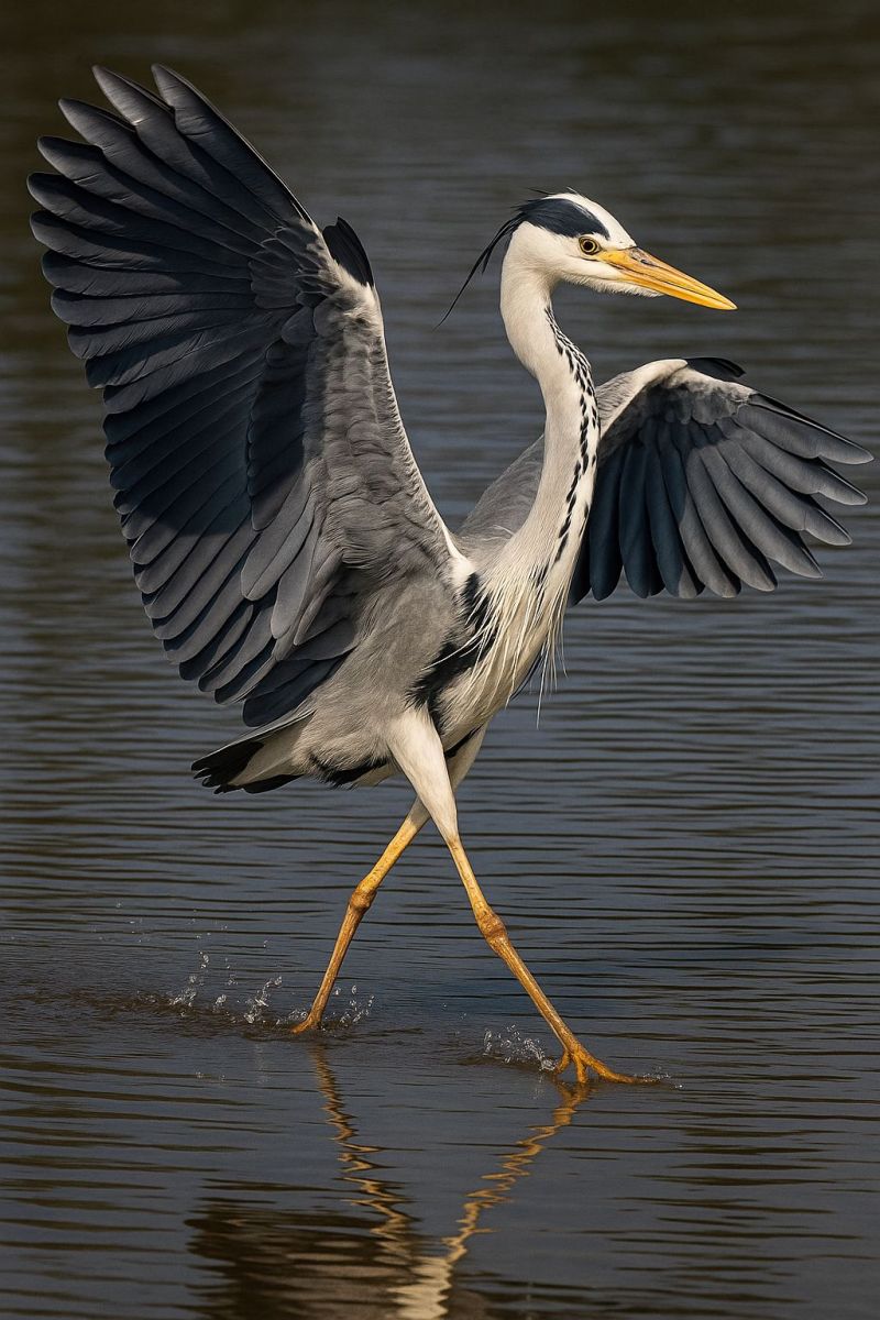 Oiseau eau aile plume vol aquatique nature faune animal air zone humide lac etang rivage berge Un grand oiseau avec un long cou et de longues pattes patuge dans l'eau peu profonde. L'oiseau a un corps gris, un cou blanc et une tête noire et blanche avec un bec jaune. Ses ailes sont largement déployées et ses plumes sont ébouriffées. L'eau est calme et le reflet de l'oiseau est visible à la surface. L'oiseau semble être en mouvement, avec ses pattes légèrement écartées et ses ailes légèrement relevées.