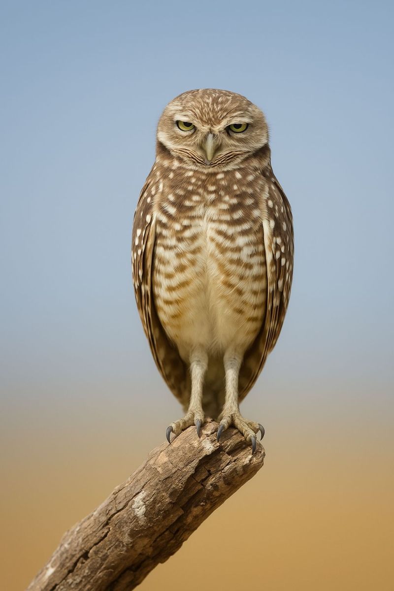 Hiboux oiseau faune nature animal plumes perchoir branche ciel sauvage predateur nocturne oeil regard griffes pattes sol habitat Un hibou des terriers est perché sur une branche mince et brune contre un ciel bleu clair. Le hibou a une tête ronde avec de grands yeux jaunes et un petit bec crochu. Ses plumes sont un mélange de brun clair et de blanc avec des taches brun foncé, lui donnant un aspect camouflage. Le corps du hibou est légèrement incliné vers la droite, et ses pattes agrippent fermement la branche. L'arrière-plan est un dégradé de bleu et de brun clair, suggérant une journée ensoleillée.
