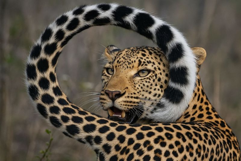 Leopard faune animal nature mammifere felin predateur jungle conservation voie disparition tachete sauvage carnivore habitat ecologie biodiversite air Un léopard est capturé dans une pose dynamique, avec son corps formant un cercle parfait. Le visage du léopard est visible, montrant son regard intense avec des yeux perçants et une bouche légèrement ouverte, révélant des dents aiguisées. Sa fourrure est couverte de taches noires distinctives, et la queue et la crinière sont enroulées autour de son cou, ajoutant à la forme circulaire. L'arrière-plan est flou, suggérant un habitat naturel avec de la verdure.