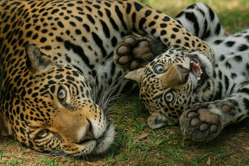Jaguar jeune cub faune mammifere felin predateur jungle conservation voie disparition tachete animal nature air habitat sauvage carnivore joueur repos Deux jaguars sont allongés sur l'herbe, l'un plus grand et l'autre plus petit. Le jaguar plus grand a un pelage brun doré avec des taches noires et regarde vers la gauche avec la bouche légèrement ouverte. Le jaguar plus petit, avec un pelage plus clair et des taches plus proéminentes, est allongé sur le dos avec la bouche ouverte, montrant ses dents. Les deux jaguars ont des griffes acérées et reposent sur le sol couvert d'herbe.