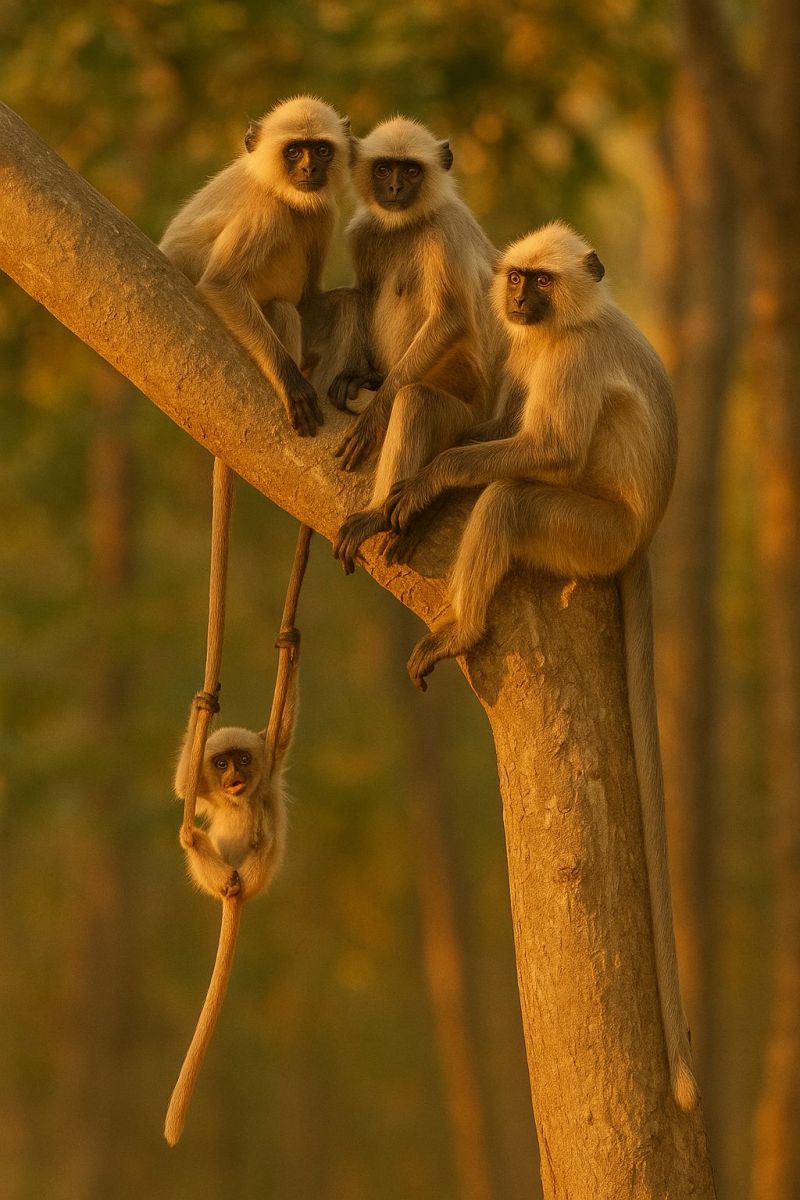Singes faune jungle arbre nature animaux primates foret mammiferes suspension groupe air conservation sanctuaire comportement observation habitat Quatre singes sont perchés sur une branche d'arbre. Les deux singes à gauche sont assis côte à côte, tandis que celui à droite est assis seul. Le singe du milieu est suspendu à la branche avec sa queue. Le singe à gauche tient la branche avec ses mains. L'arrière-plan est flou, avec des arbres et des plantes visibles. La lumière est chaude et dorée, projetant une douce lueur sur la scène.