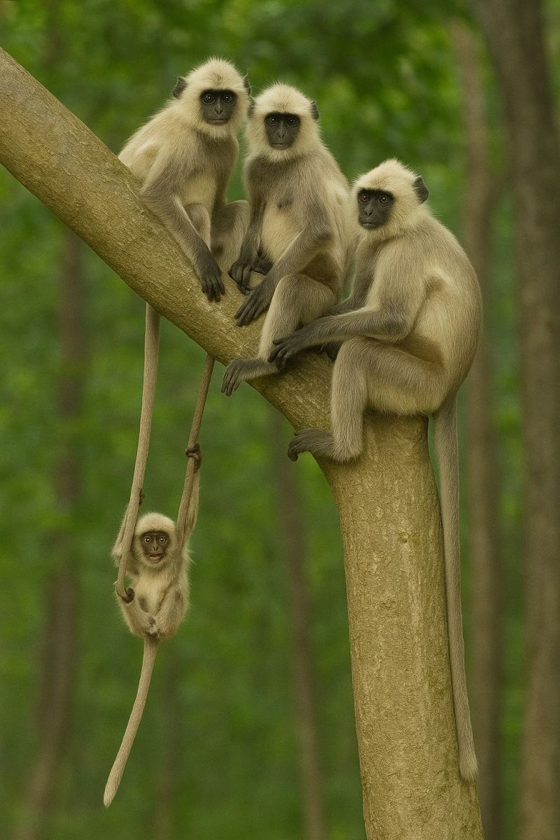 Singes faune foret nature animaux primates arbre jungle mammiferes groupe suspendus grimpant dehors journee vert branche queue Dans une forêt luxuriante et verte, quatre singes sont perchés sur une branche d'arbre. Les singes sont de tailles variées, le plus grand étant assis au milieu et le plus petit suspendu à la branche en dessous. Les singes ont une fourrure brun clair et des visages noirs, le plus petit ayant un visage plus clair. Le tronc de l'arbre est brun et a quelques branches, et l'arrière-plan est un flou de feuillage vert.