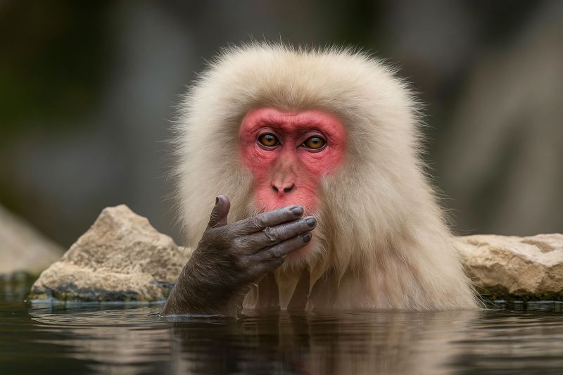 Singe eau main rocher piscine mouille animal faune mammifere air nature natation baignade detente relaxation repos Un singe des neiges, également connu sous le nom de macaque japonais, est partiellement immergé dans l'eau. Le singe a un pelage blanc et duveteux et un visage rouge distinctif avec des taches roses autour de ses yeux et de son nez. Sa main droite est levée vers sa bouche et il semble regarder directement la caméra. Le singe est entouré de rochers et l'eau est claire, reflétant l'image du singe. L'arrière-plan est flou, suggérant un cadre naturel en plein air.