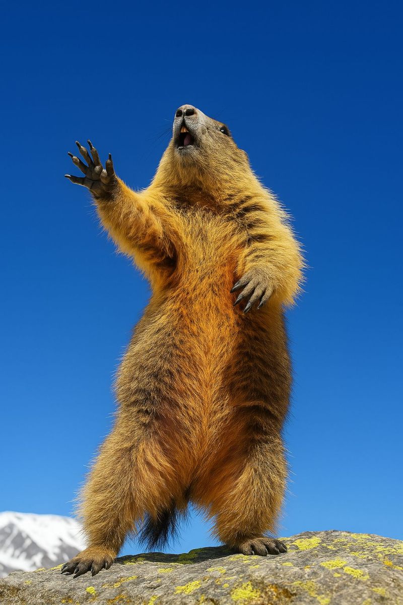 Animal faune nature mammifere siffleux rongeur montagne rocher ciel debout alerte observant soleil journee fourrure pattes neige Un grand animal pelucheux ressemblant à un marmot se tient debout sur une surface rocheuse. Sa fourrure est un mélange de brun et de noir, avec un ventre plus clair. La bouche de l'animal est ouverte, et il semble vocaliser, possiblement dans un état d'alarme ou d'excitation. Ses pattes sont levées, et il semble regarder vers le haut, possiblement vers un oiseau ou une autre créature. L'arrière-plan présente un ciel bleu clair et une chaîne de montagnes lointaine avec des pics enneigés.