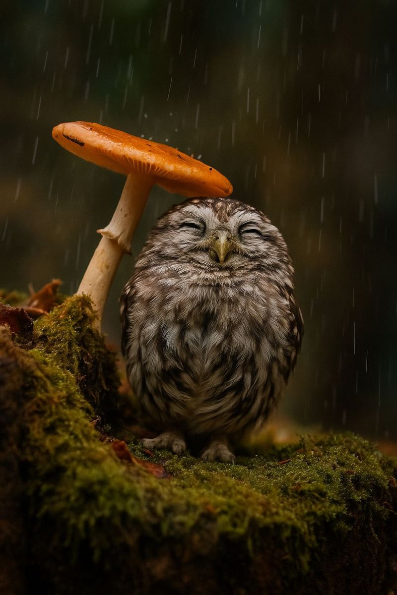 Hiboux champignons pluie mousse faune nature animal oiseau dormant dehors foret humide mignon gros nocturne plumes pattes sanctuaire Dans une forêt pluvieuse, une petite chouette à la tête ronde et aux grands yeux expressifs est perchée sur un rocher recouvert de mousse. Les yeux de la chouette sont fermés et elle semble dormir paisiblement. Derrière la chouette, il y a un grand champignon avec un chapeau brun et une tige blanche. L'arrière-plan est flou, avec des gouttes de pluie qui tombent et créent une atmosphère brumeuse. La scène se déroule dans un environnement naturel et serein, la chouette et le champignon étant les points focaux.