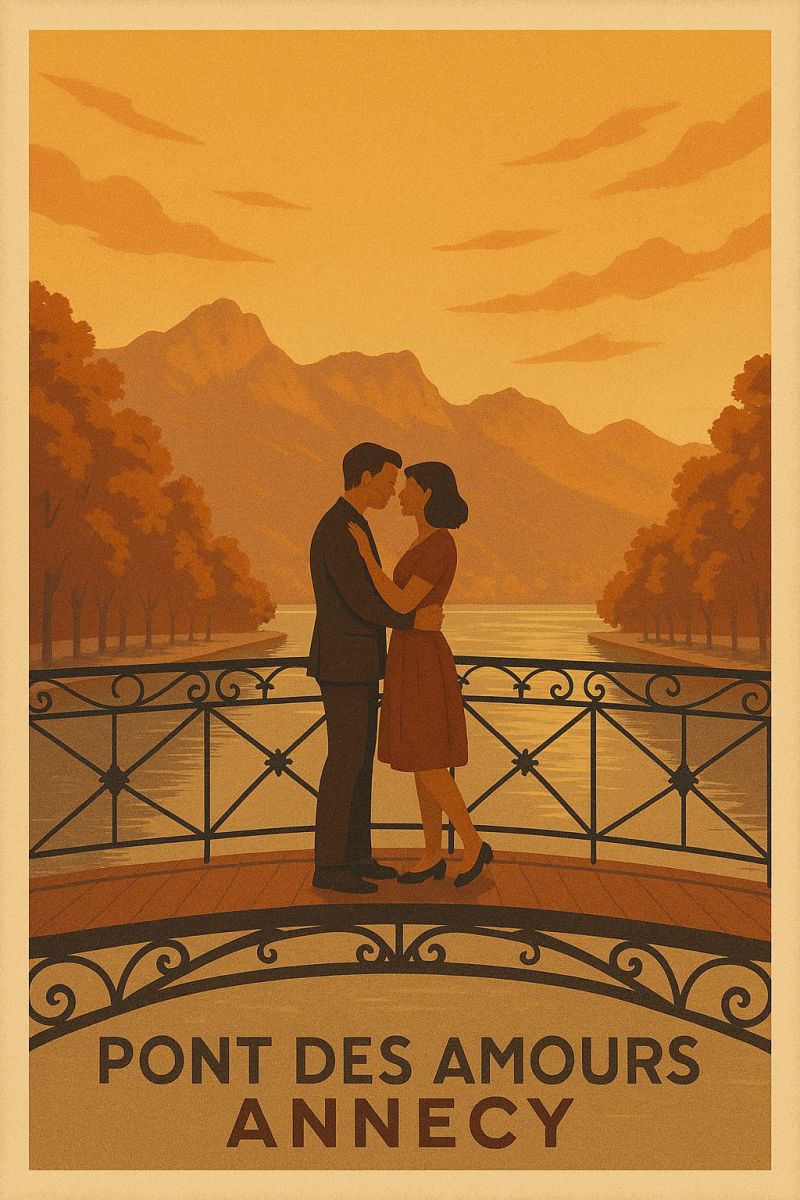Couple pont lac montagnes arbres ciel coucher soleil romantique amour annecy france eau nature soiree chaleureux vintage Une illustration d'un couple debout sur un pont avec une balustrade métallique, face l'un à l'autre et s'embrassant. Le pont est au-dessus d'un plan d'eau, avec des arbres et des montagnes en arrière-plan. Le ciel est orange avec des nuages. Les mots 
