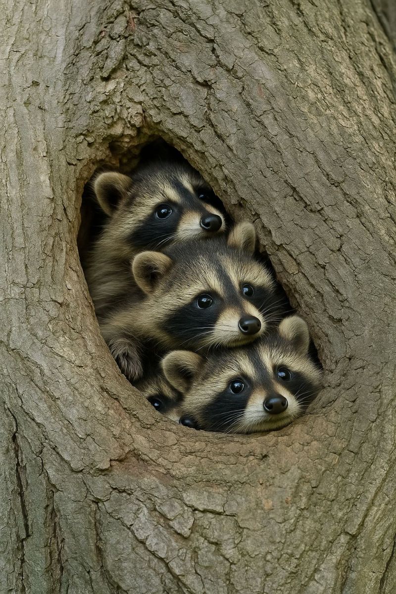 Raton laveur arbre trou faune nature animal mammifere curiosite air foret bebe jeune freres soeurs compagnie exploration habitat ecorce fourrure yeux Trois ratons laveurs sont nichés dans une cavité d'arbre, leurs têtes dépassant. Les ratons laveurs ont une fourrure distinctive noire et blanche, avec du noir autour de leurs yeux et de leurs oreilles, et du blanc sur leurs poitrines et leurs visages. Leurs yeux sont brillants et vigilants, et leurs oreilles sont dressées. Le tronc de l'arbre est rugueux et texturé, avec de l'écorce visible et une apparence naturelle et robuste. La cavité de l'arbre est un espace confortable et sombre où les ratons laveurs se reposent probablement ou se cachent.