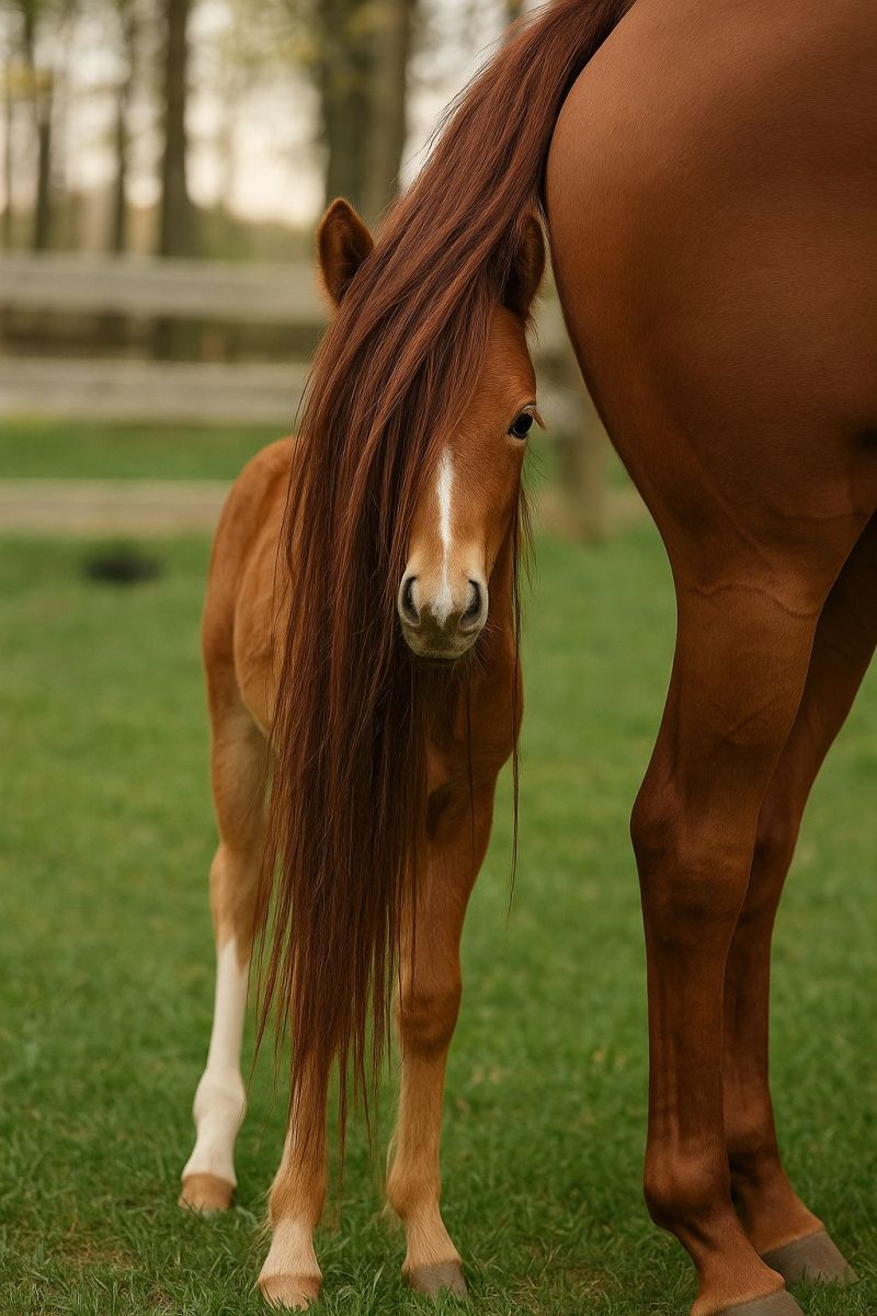 Cheval poulain bebe animal mammifere equin herbe champ prairie nature faune ferme campagne paturage soleil ombre queue criniere Dans un champ herbeux, un petit poulain brun avec une raie blanche sur le visage se tient à côté d'un cheval brun plus grand. Le poulain a de longs cheveux soyeux qui lui couvrent les yeux. Le cheval plus grand a une robe lisse et brillante et se tient près du poulain, avec ses quartiers arrières visibles. En arrière-plan, il y a une clôture en bois et quelques arbres.
