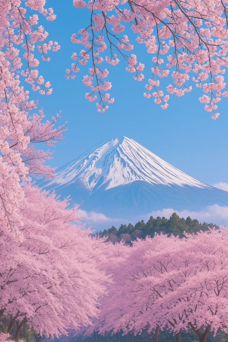 Montagne ciel nature arbre nuage neige fleur rose branche foret colline journee printemps sommet cerisier floraison chaine Paysage serein avec des cerisiers en pleine floraison. Les arbres sont ornés de délicates fleurs roses, créant une belle canopée qui obscurcit partiellement la vue du majestueux Mont Fuji en arrière-plan. La montagne est couverte de neige, ajoutant une touche de blanc à la scène principalement rose et verte. Le ciel est d'un bleu clair et vibrant, et il y a des traces de nuages près de la montagne. Le premier plan est rempli d'une verdure luxuriante, et la scène dans son ensemble est paisible et pittoresque.
