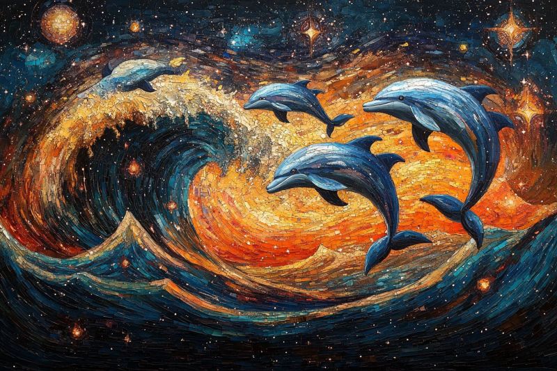 Artistic mosaic cosmic dolphins jumping out colorfu accurate picture amazing demonstrating the mischiefs wild of human activities on la artistic mosaic cosmic dolphins jumping out colorfu