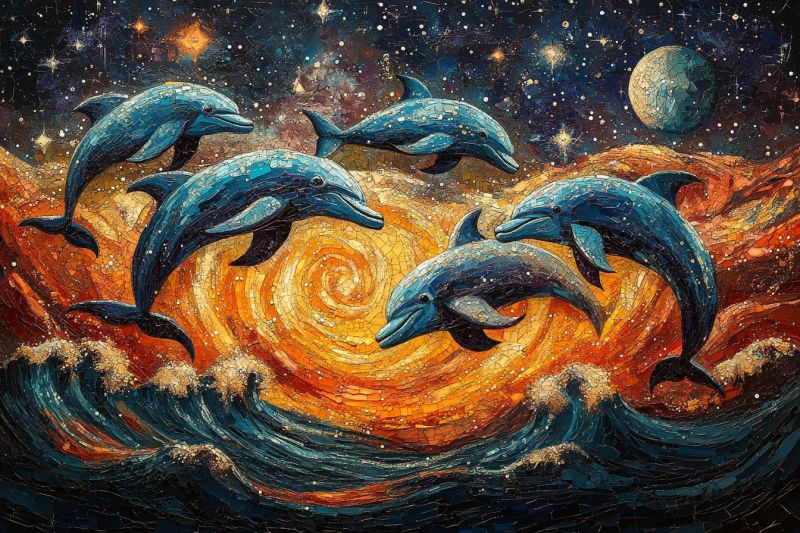 Artistic mosaic cosmic dolphins jumping out colorfu accurate picture amazing demonstrating the mischiefs wild of human activities on la artistic mosaic cosmic dolphins jumping out colorfu