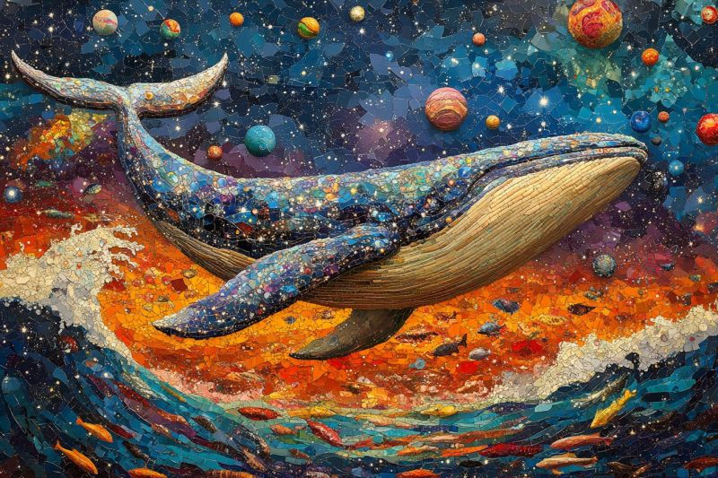 Artistic mosaic cosmic whale falling into colorful kan accurate picture amazing demonstrating the mischiefs wild of human activities on la artistic mosaic cosmic whale falling into colorful kan