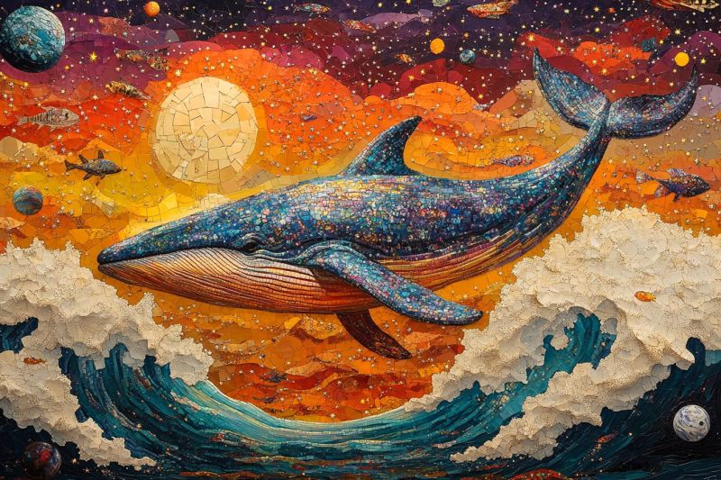 Artistic mosaic cosmic whale falling into colorful kan accurate picture amazing demonstrating the mischiefs wild of human activities on la artistic mosaic cosmic whale falling into colorful kan