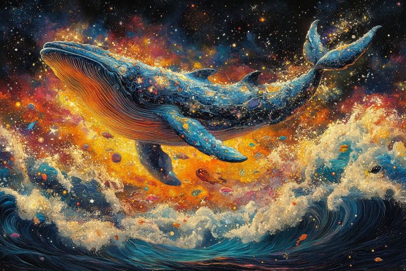 Artistic mosaic cosmic whale jumping out colorful accurate picture amazing demonstrating the mischiefs wild of human activities on la artistic mosaic cosmic whale jumping out colorful