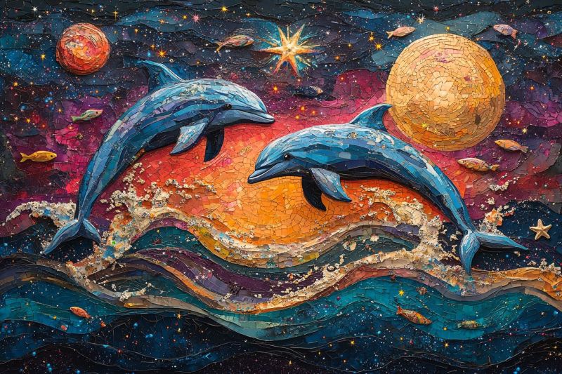 Artistic mosaic dolphins riding colorful waves fishes plop accurate picture amazing demonstrating the mischiefs wild of human activities on la artistic mosaic dolphins riding colorful waves fishes