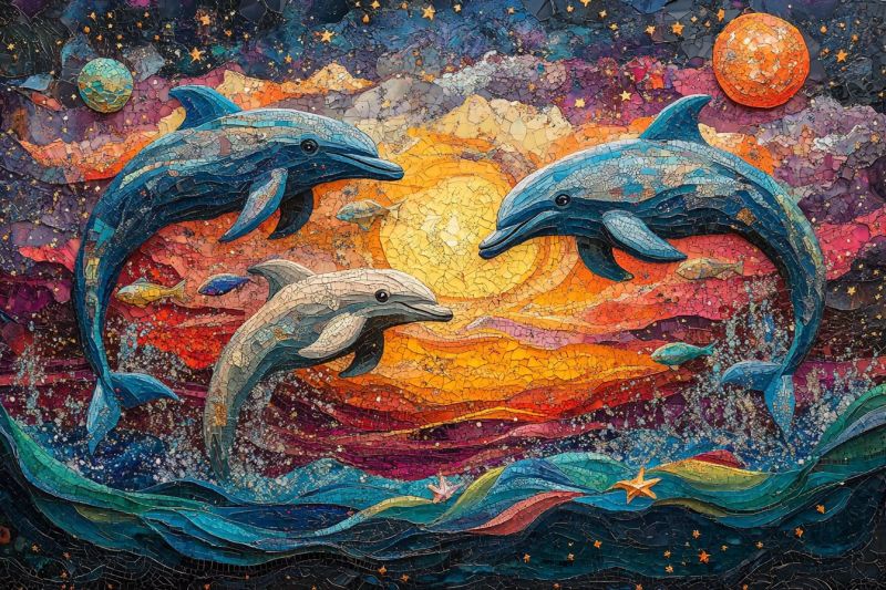 Artistic mosaic dolphins riding colorful waves fishes accurate picture amazing demonstrating the mischiefs wild of human activities on la artistic mosaic dolphins riding colorful waves fishes