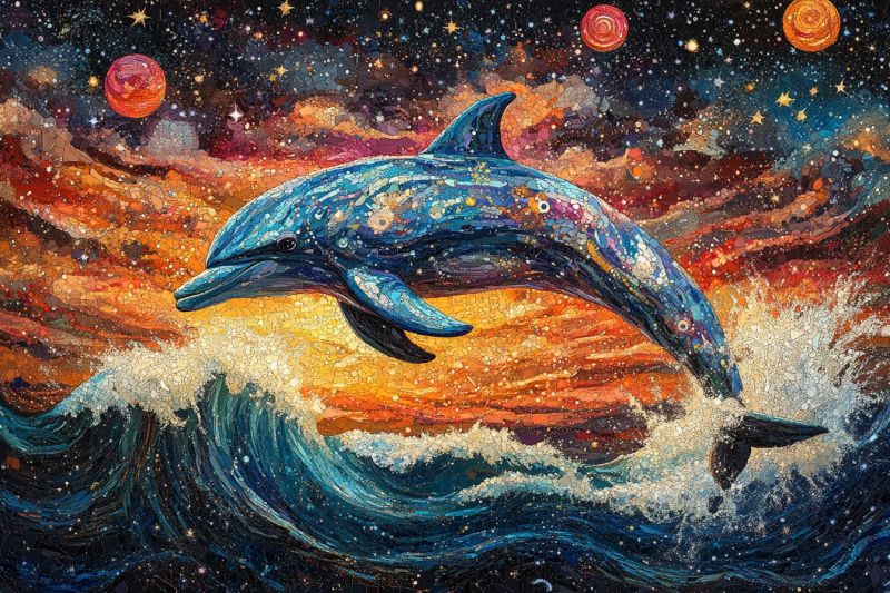 Artistic mosaic dolphins riding colorful waves fishes accurate picture amazing demonstrating the mischiefs wild of human activities on la artistic mosaic dolphins riding colorful waves fishes