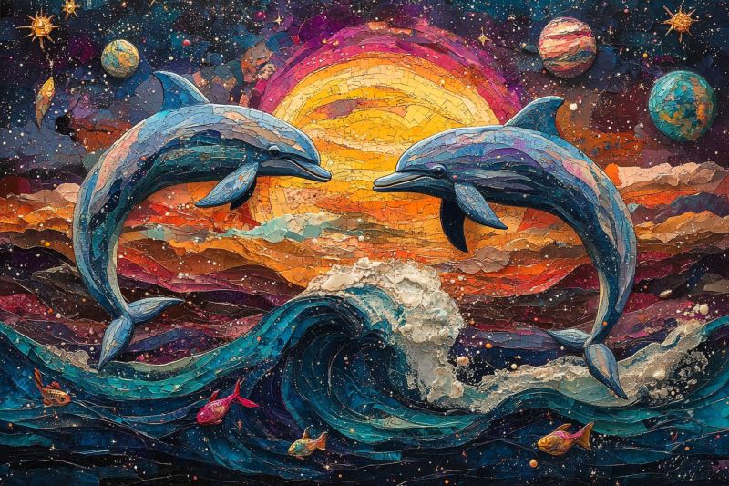 Artistic mosaic dolphins riding colorful waves fishes accurate picture amazing demonstrating the mischiefs wild of human activities on la artistic mosaic dolphins riding colorful waves fishes