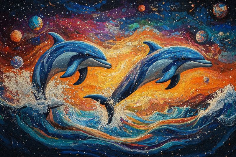 Artistic mosaic dolphins riding colorful waves fishes accurate picture amazing demonstrating the mischiefs wild of human activities on la artistic mosaic dolphins riding colorful waves fishes