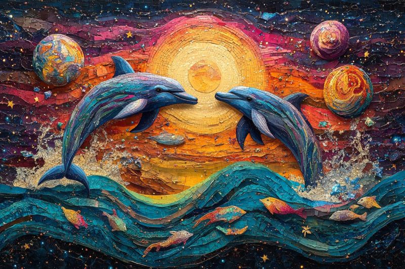 Artistic mosaic dolphins riding colorful waves fishes accurate picture amazing demonstrating the mischiefs wild of human activities on la artistic mosaic dolphins riding colorful waves fishes