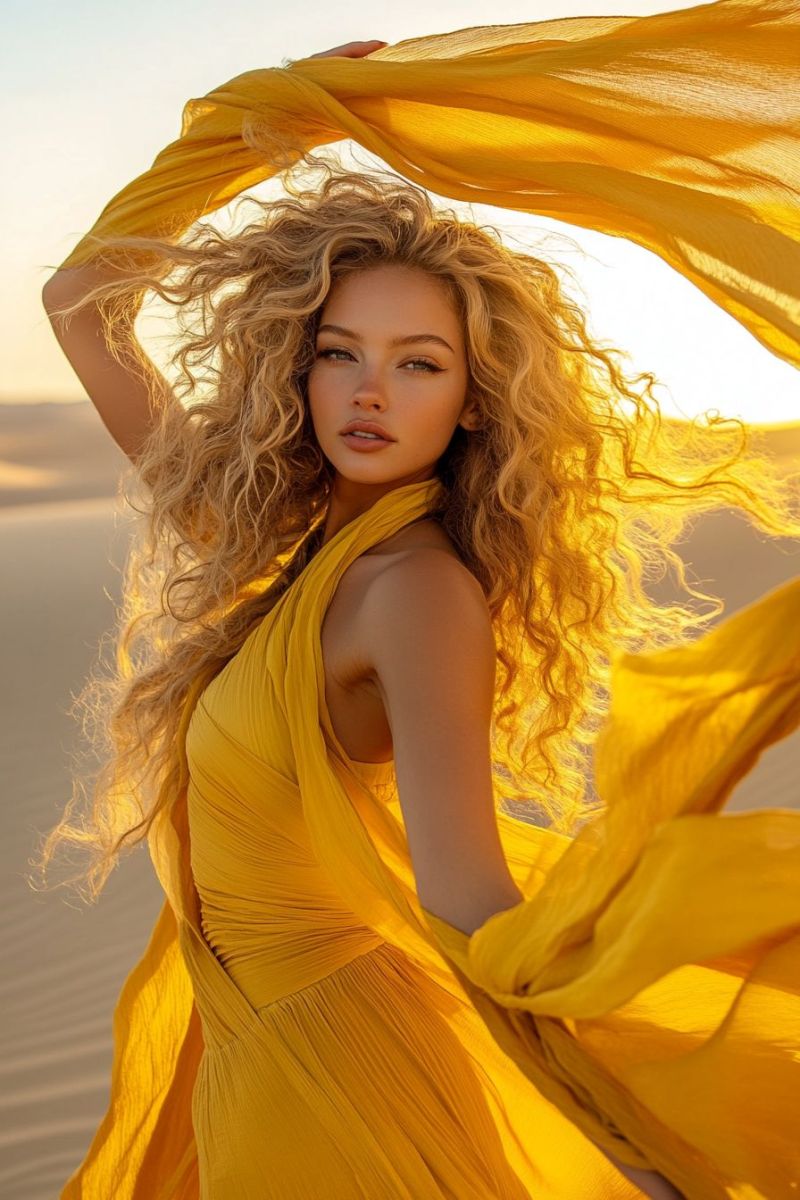 Curly haired blonde yellow fabric in the sahara desert curly haired blonde yellow fabric in the sahara desert