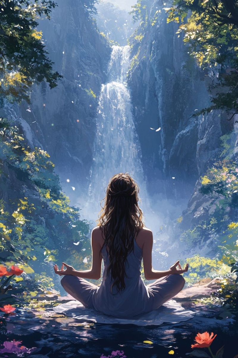 Illustration long haired girl meditating lotus magnifique prise précise montrant les méfaits sauvage des activités humaines sur la biodiversité sur la illustration long haired girl meditating lotus