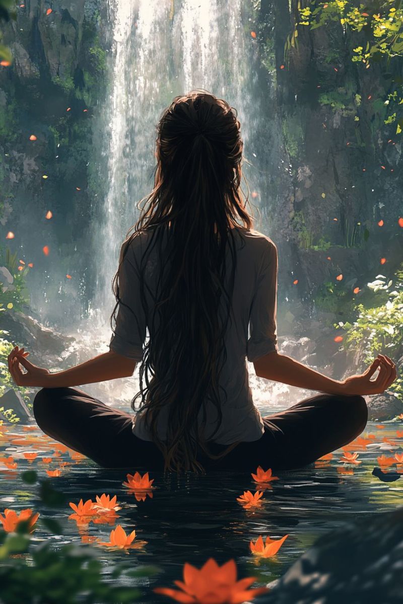 Illustration long haired girl meditating lotus magnifique prise précise montrant les méfaits sauvage des activités humaines sur la biodiversité sur la illustration long haired girl meditating lotus