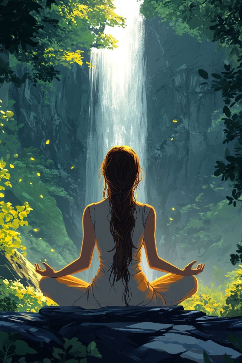 Illustration long haired girl meditating lotus magnifique prise précise montrant les méfaits sauvage des activités humaines sur la biodiversité sur la illustration long haired girl meditating lotus