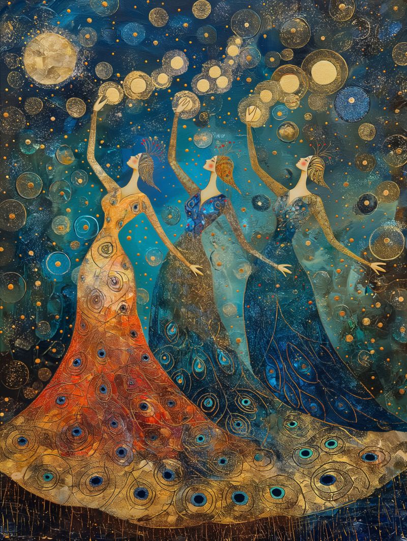 Aben  celestial dancers peacock dress gold pointillism accurate picture amazing demonstrating the mischiefs wild of human activities on la aben  celestial dancers peacock dress gold pointillism