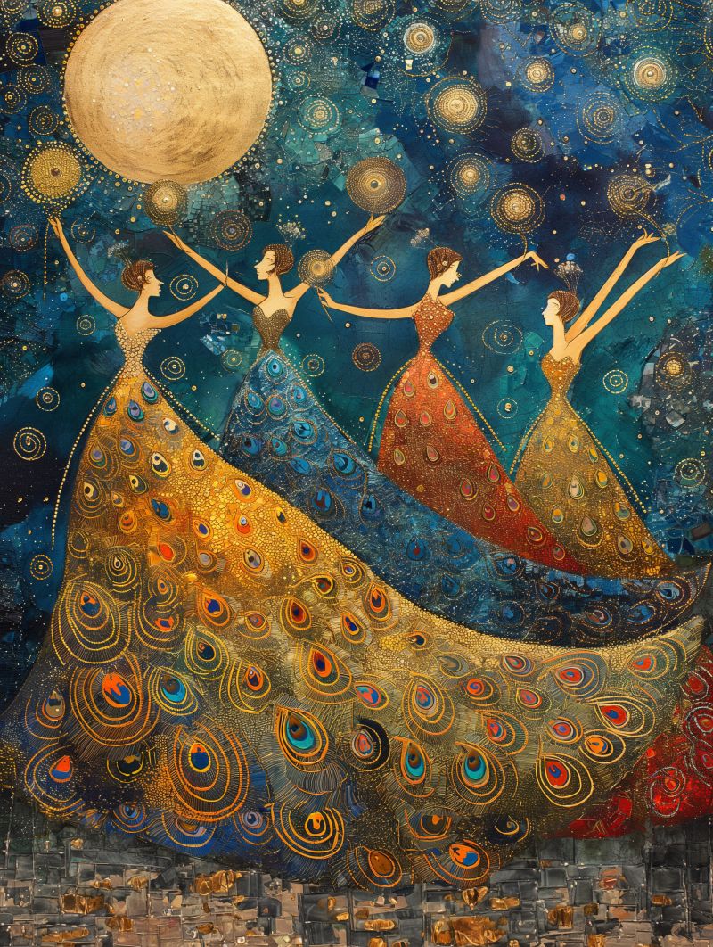 Aben  celestial dancers peacock dress gold pointillism accurate picture amazing demonstrating the mischiefs wild of human activities on la aben  celestial dancers peacock dress gold pointillism