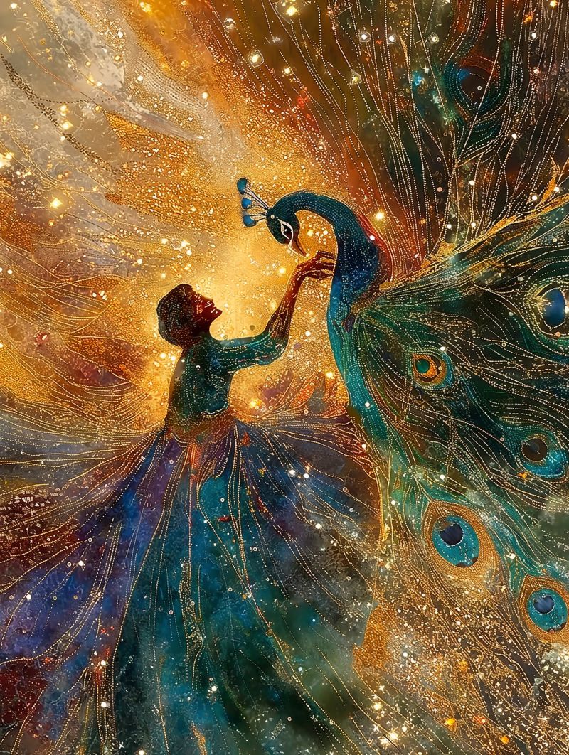 Aben  celestial dancers peacock dress gold pointillism accurate picture amazing demonstrating the mischiefs wild of human activities on la aben  celestial dancers peacock dress gold pointillism