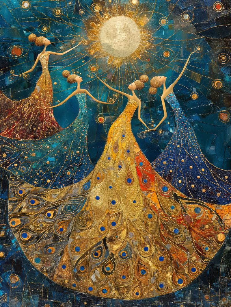 Aben  celestial dancers peacock dress gold pointillism accurate picture amazing demonstrating the mischiefs wild of human activities on la aben  celestial dancers peacock dress gold pointillism