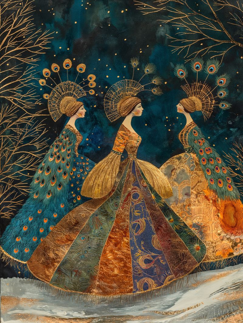 Aben  celestial dancers peacock dress gold pointillism accurate picture amazing demonstrating the mischiefs wild of human activities on la aben  celestial dancers peacock dress gold pointillism