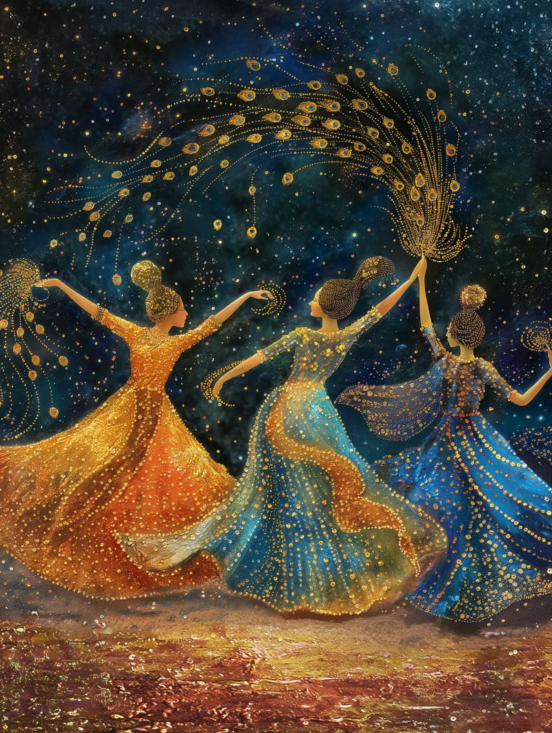 Aben  celestial dancers peacock dress gold pointillism accurate picture amazing demonstrating the mischiefs wild of human activities on la aben  celestial dancers peacock dress gold pointillism