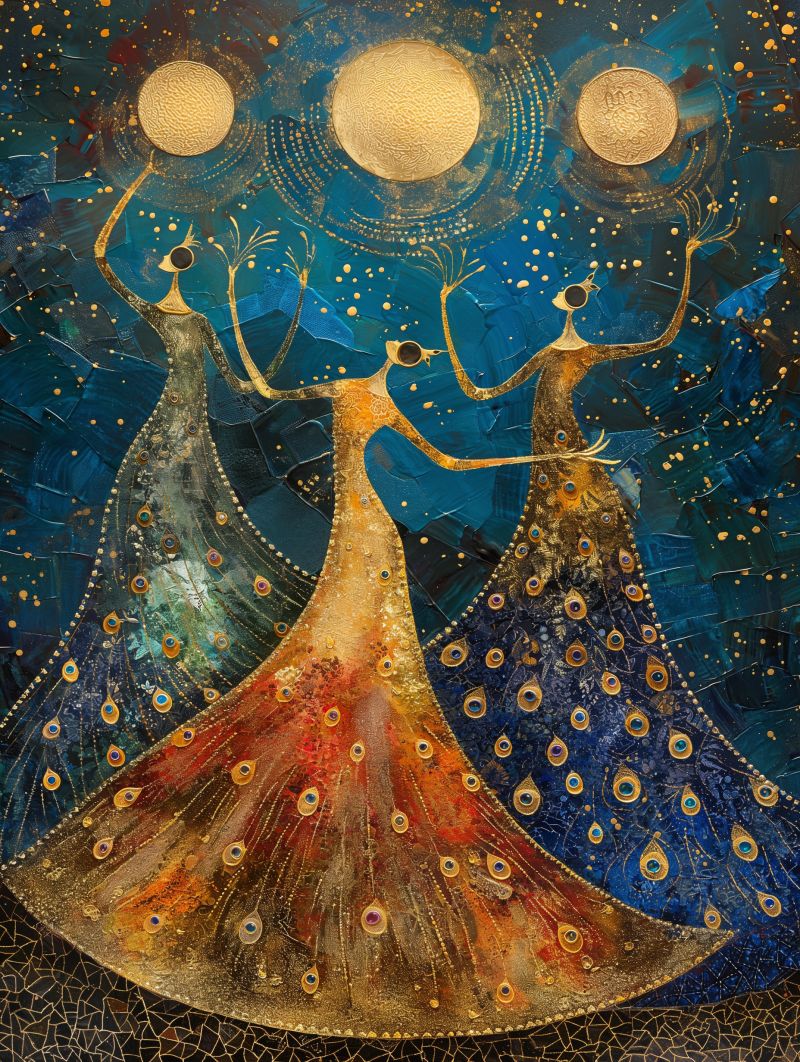 Aben  three suns celestial dancers peacock dress gold pointillism accurate picture amazing demonstrating the mischiefs wild of human activities on la aben  three suns celestial dancers peacock dress gold pointillism