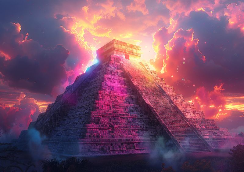 Psychedelic fractal patterned chichen itza pyramid accurate picture amazing demonstrating the mischiefs wild of human activities on la  psychedelic fractal patterned chichen itza pyramid