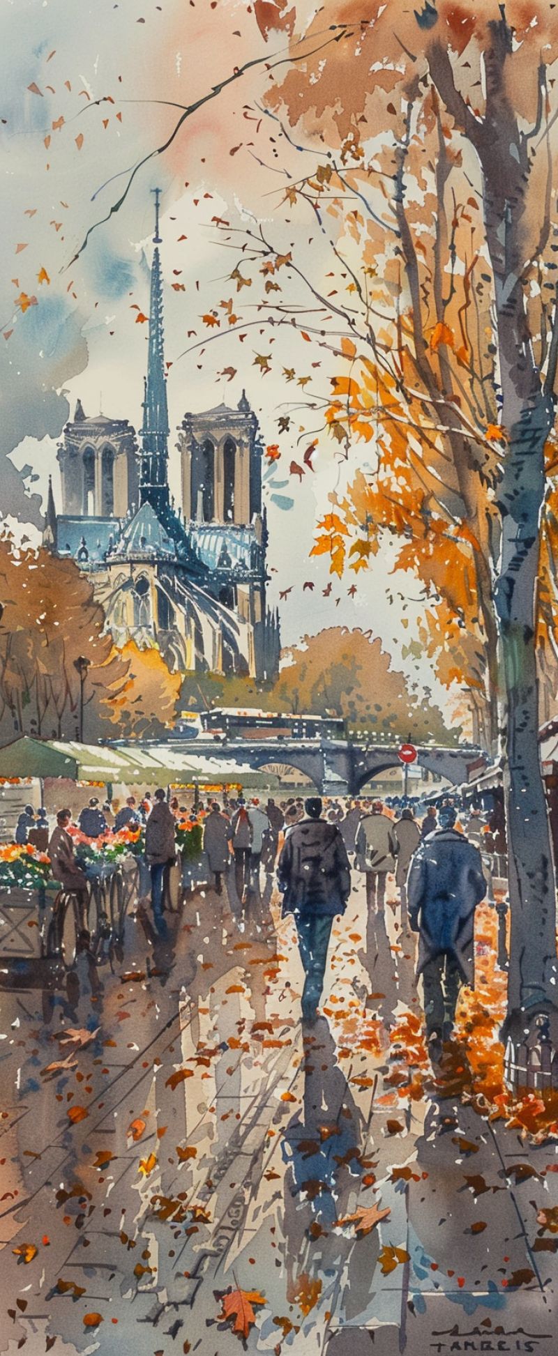 Watercolor painting seine river people walk accurate picture amazing demonstrating the mischiefs wild of human activities on la  watercolor painting seine river people walk