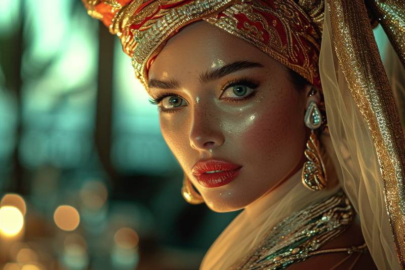 Woman wearing headdress earrings night image accurate picture amazing demonstrating the mischiefs wild of human activities on la  woman wearing headdress earrings night