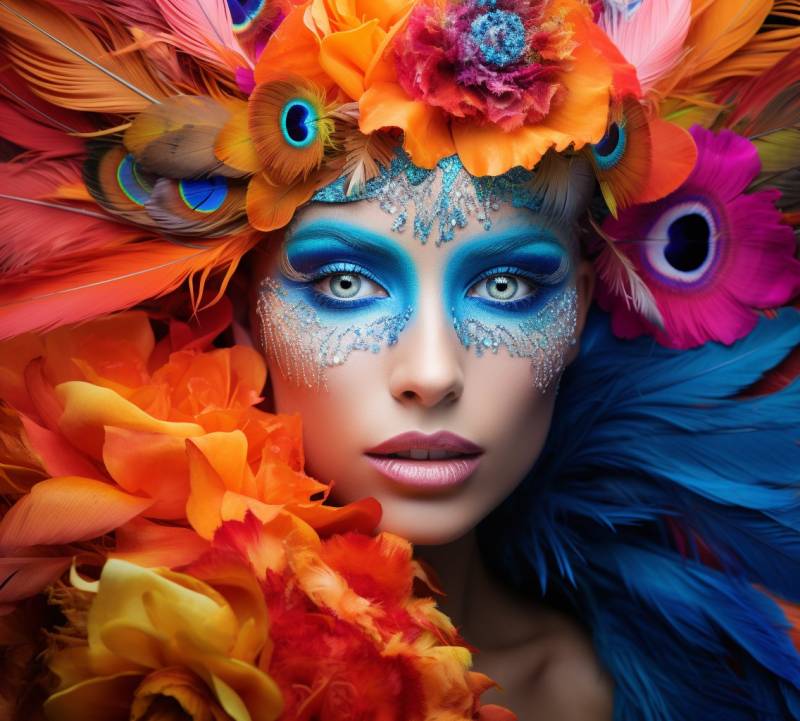 Woman wears colorful makeup feathers style accurate shot astounding demonstrating the mischiefs wild of human activities on la woman wears colorful makeup feathers style