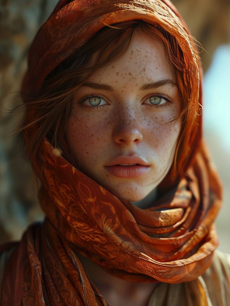 Woman freckled eyes wearing scarf woman freckled eyes wearing scarf