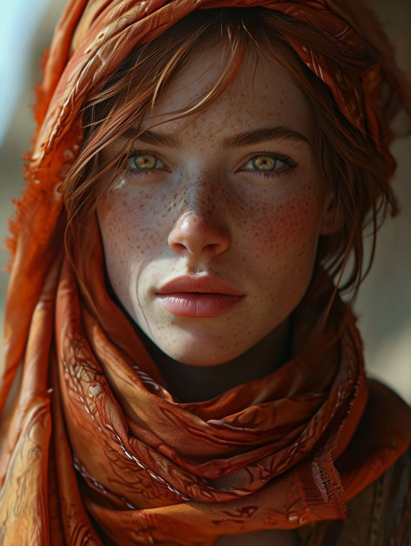 Woman freckled eyes wearing scarf woman freckled eyes wearing scarf