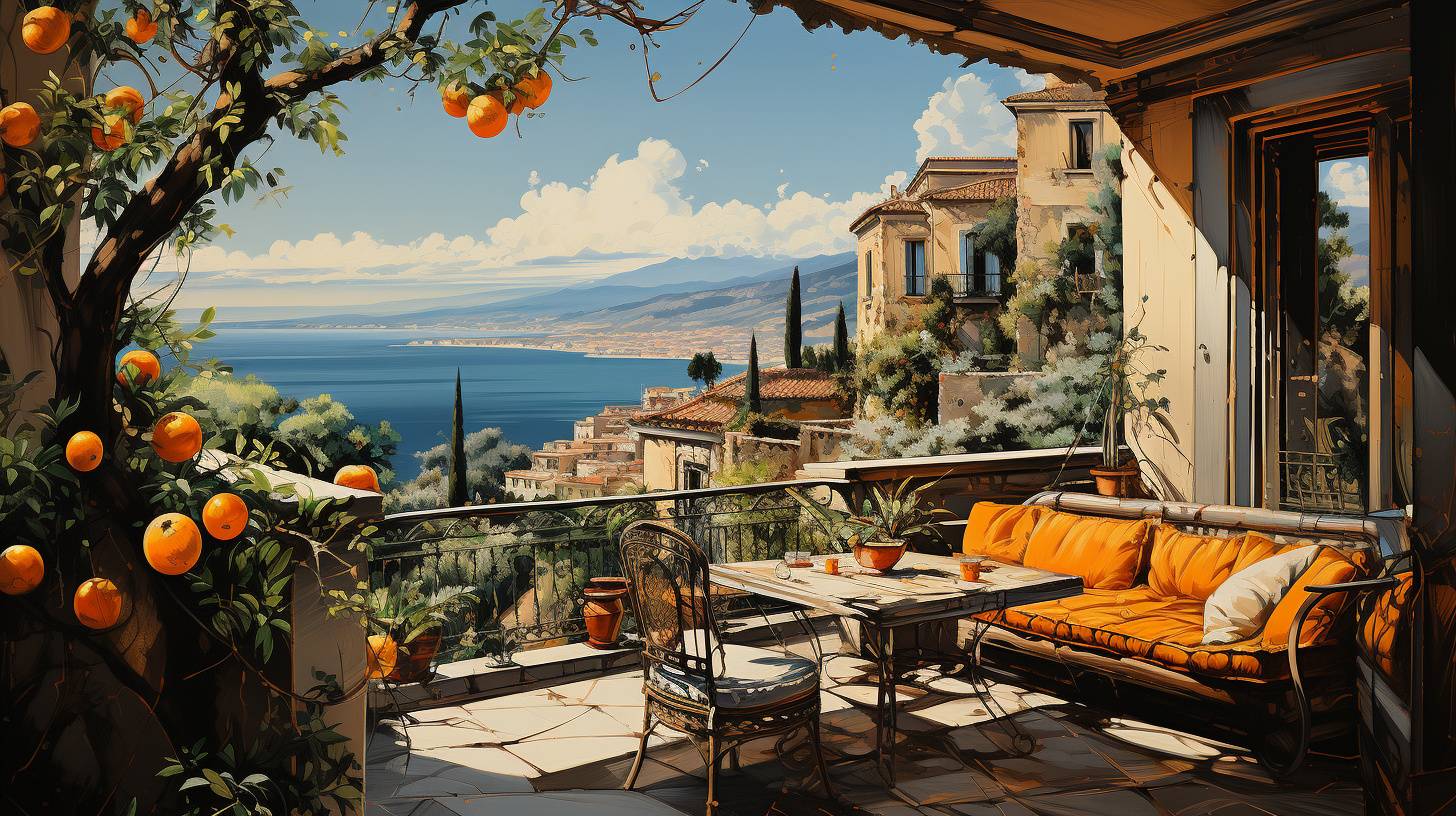 Oil painting almafitan villa in italy with oranges oil painting almafitan villa in italy